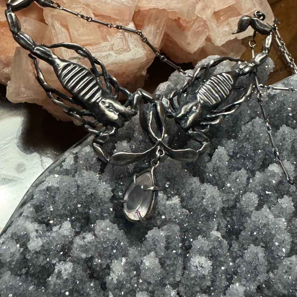 Bloodmilk Conjoined Selket Rose Quartz Silver Scorpion Pendant Necklace